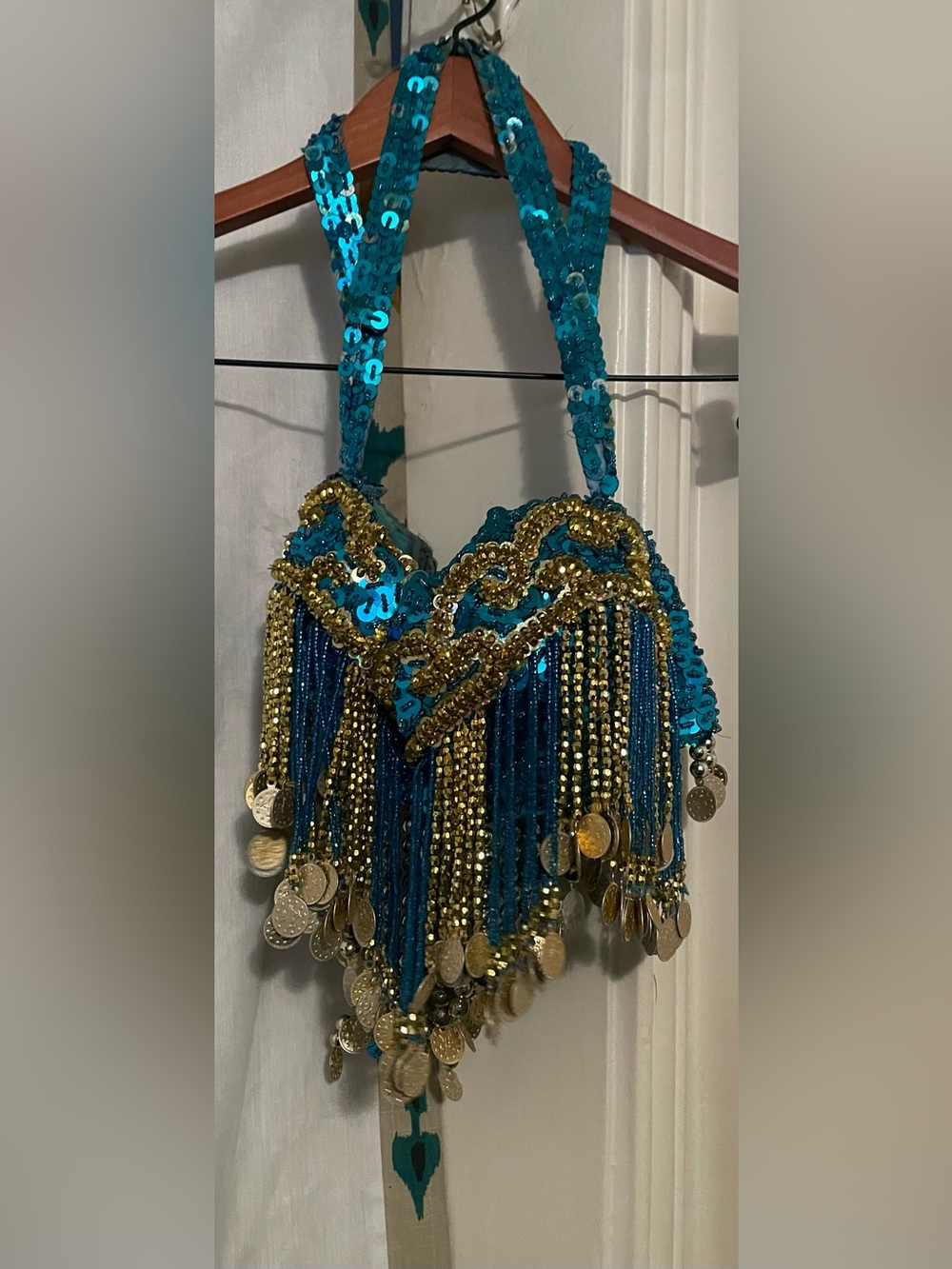 Belly Dance Costume Beaded Halter Top Blue with Gold Fringe Size B